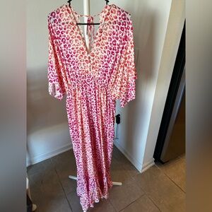 Coco + Carmen Pink Leopard Jumpsuit L/XL Ruffle Hem Boho Wide Ruffle Leg